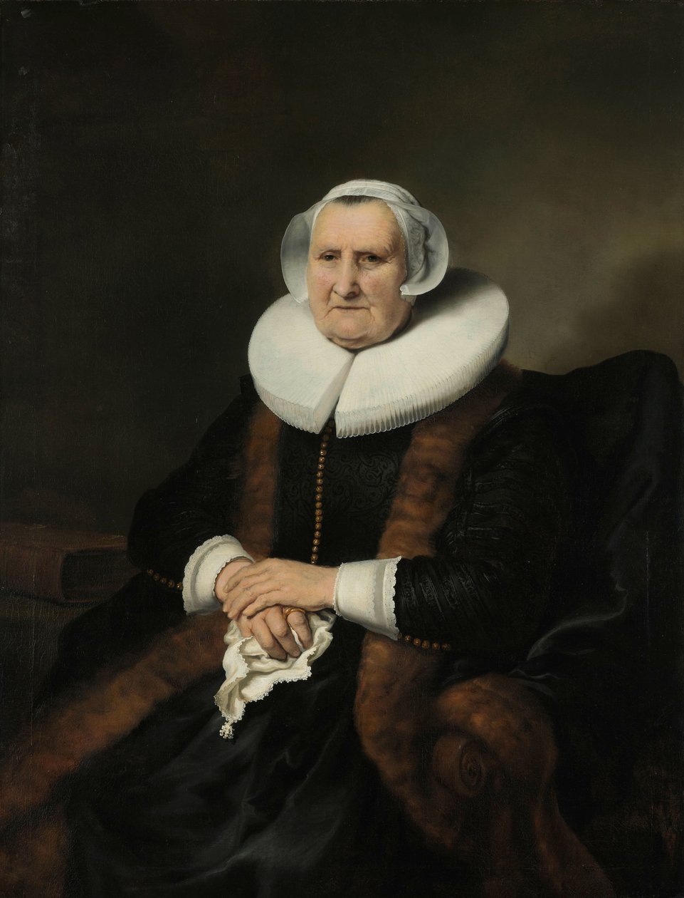 Portrett av en gammel dame, muligens Elisabeth Bas Portrett av en gammel dame, muligens Elisabeth Jacobsdr Bas (1571-1649), enke etter Jochem Hendricksz Swartenhont av Ferdinand Bol (attributed to)