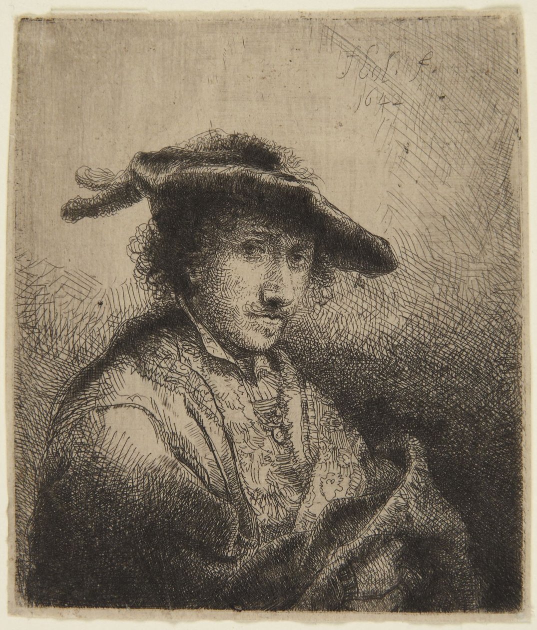 Mann med fjær i luen av Ferdinand Bol