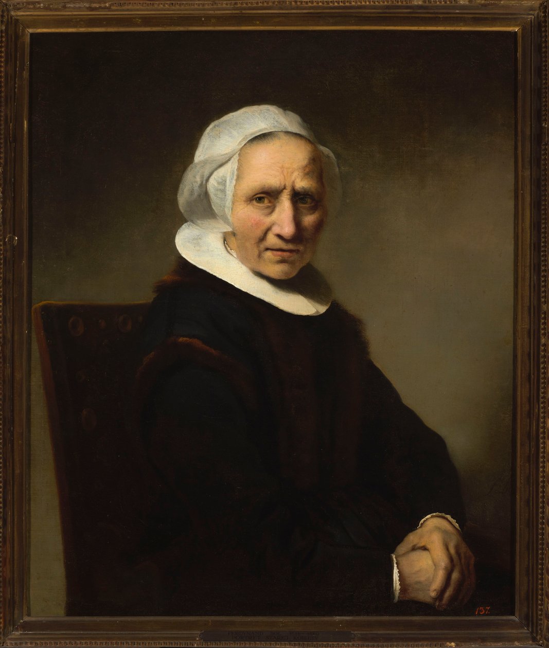 Portrett av en gammel kvinne med hvit kyse av Ferdinand Bol