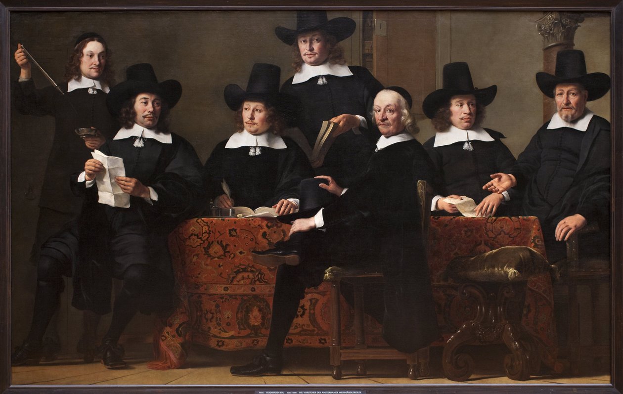 President for Amsterdam Wine Merchants Guild (Nederland). Maleri av Ferdinand Bol (1616-1680), olje på lerret, ca 1659. Nederlandsk kunst av Ferdinand Bol