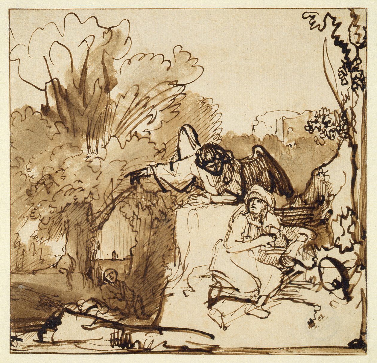 Engelen som vises for Hagar og Ismael (penn og blekk og vask på papir) av Ferdinand Bol