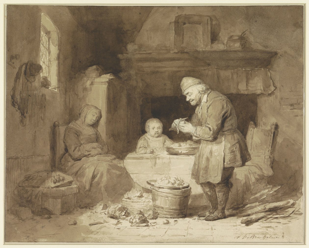 Mens en kvinne har sovnet, skreller en gammel mann poteter av Ferdinand De Braekeleer (I)