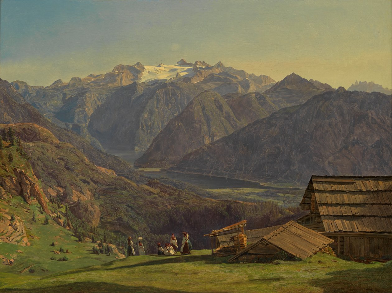 Utsikt over Dachstein med Hallstattsjøen fra Hütteneckalpe ved Ischl av Ferdinand Georg Waldmüller