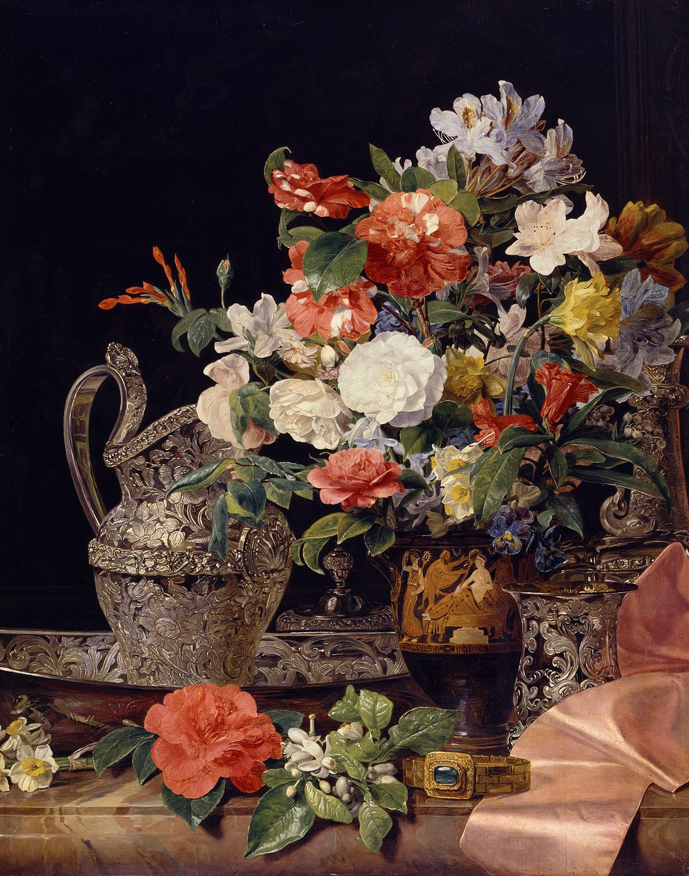 Blomsterbukett med sølvkar og antikk vase av Ferdinand Georg Waldmüller