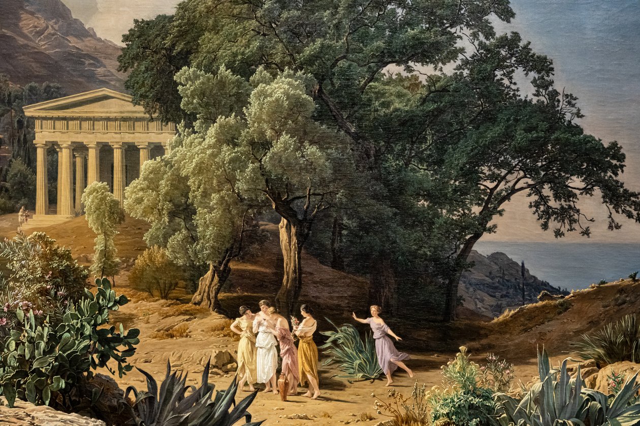 Et dorisk tempel med Castelmola og Taormina i bakgrunnen av Ferdinand Georg Waldmuller