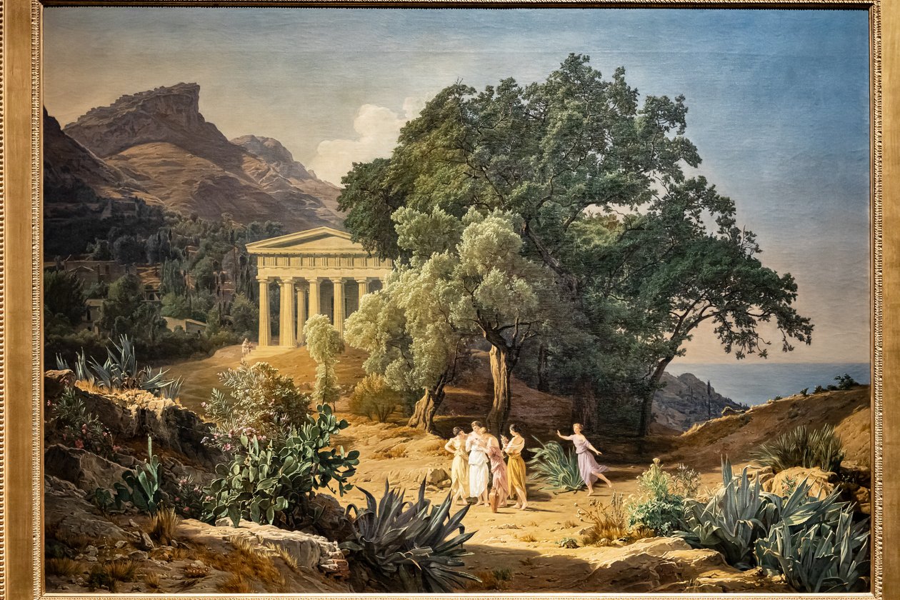 Et dorisk tempel med Castelmola og Taormina i bakgrunnen av Ferdinand Georg Waldmuller