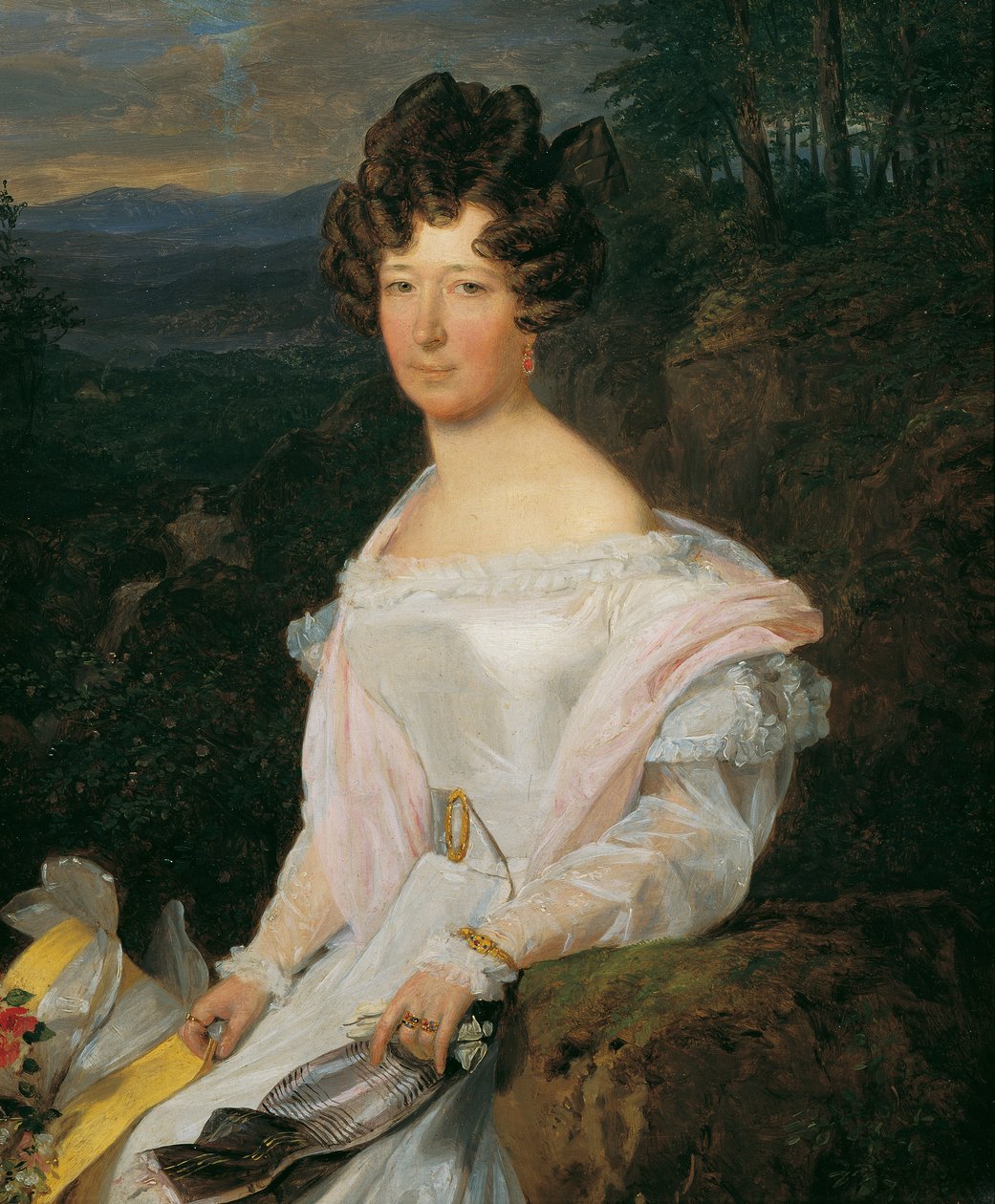 Dame i hvit kjole foran et landskap i Wienerskogen av Ferdinand Georg Waldmuller