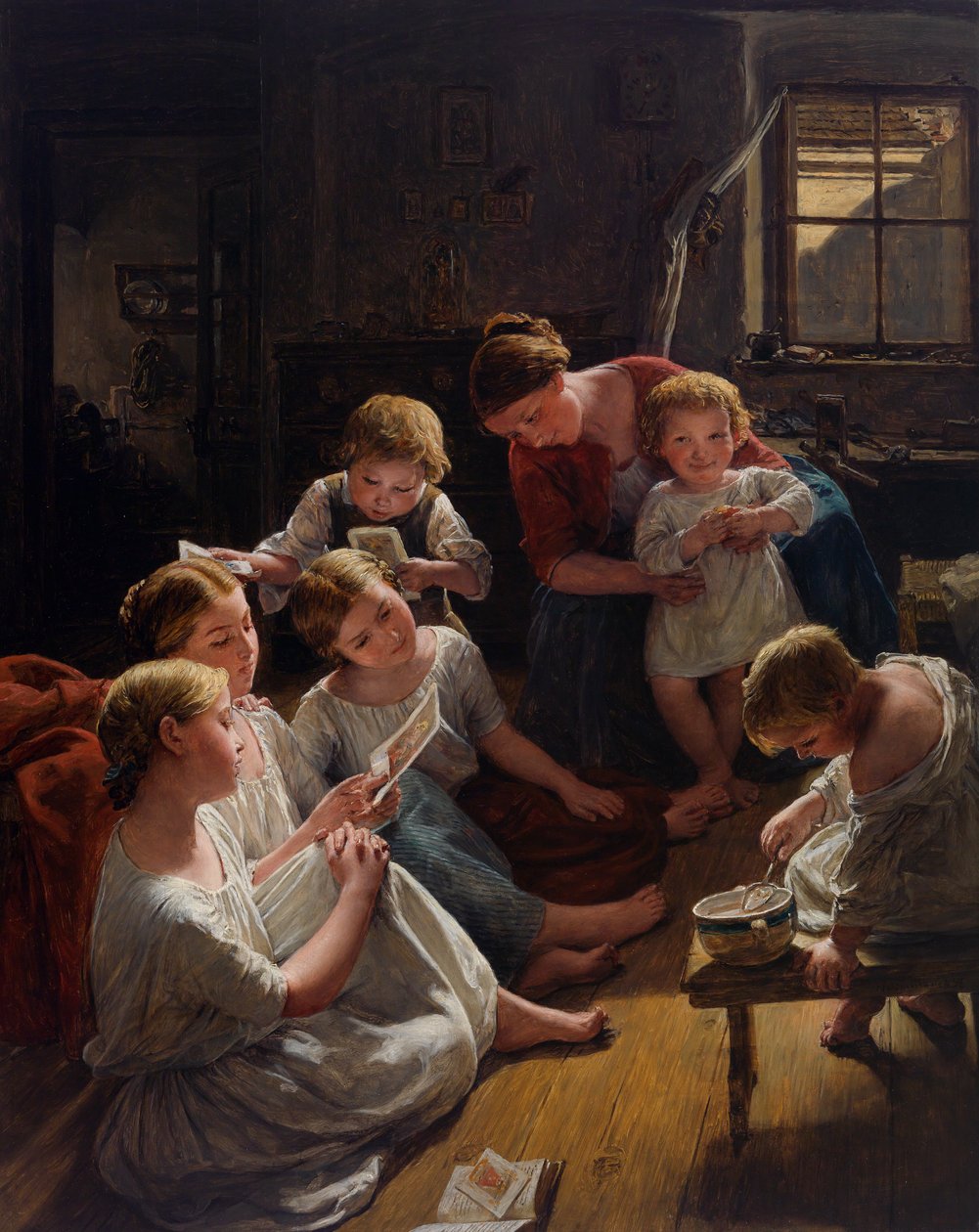 Des enfants, au matin, regardant des images - Barn om morgenen ser på bilder, av Waldmuller, Ferdinand Georg (1793-1865). Olje på tre av Ferdinand Georg Waldmuller