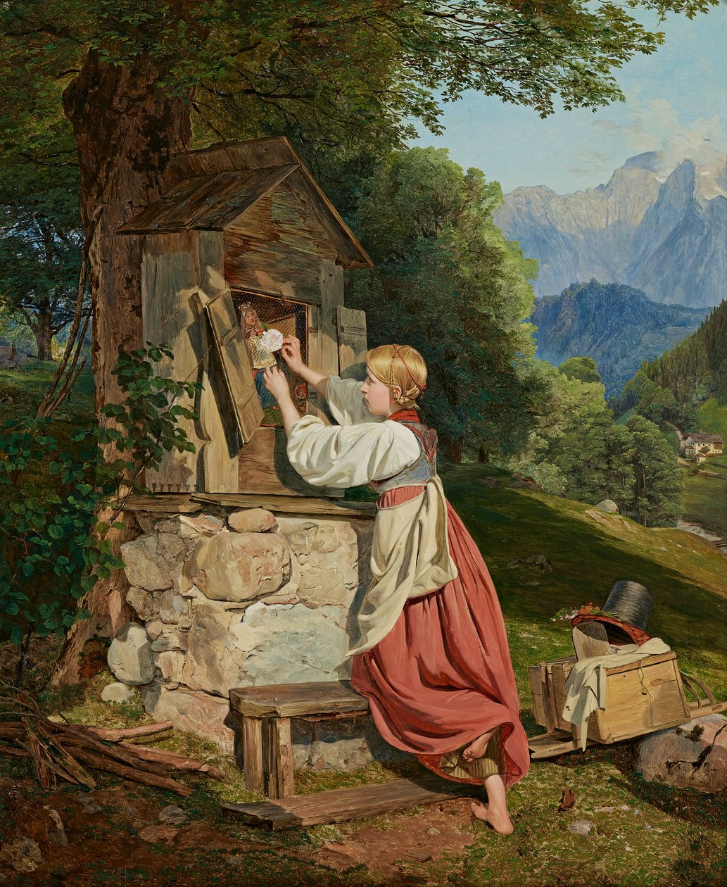 En jente dekorerer Guds mor med en rose av Ferdinand Georg Waldmuller