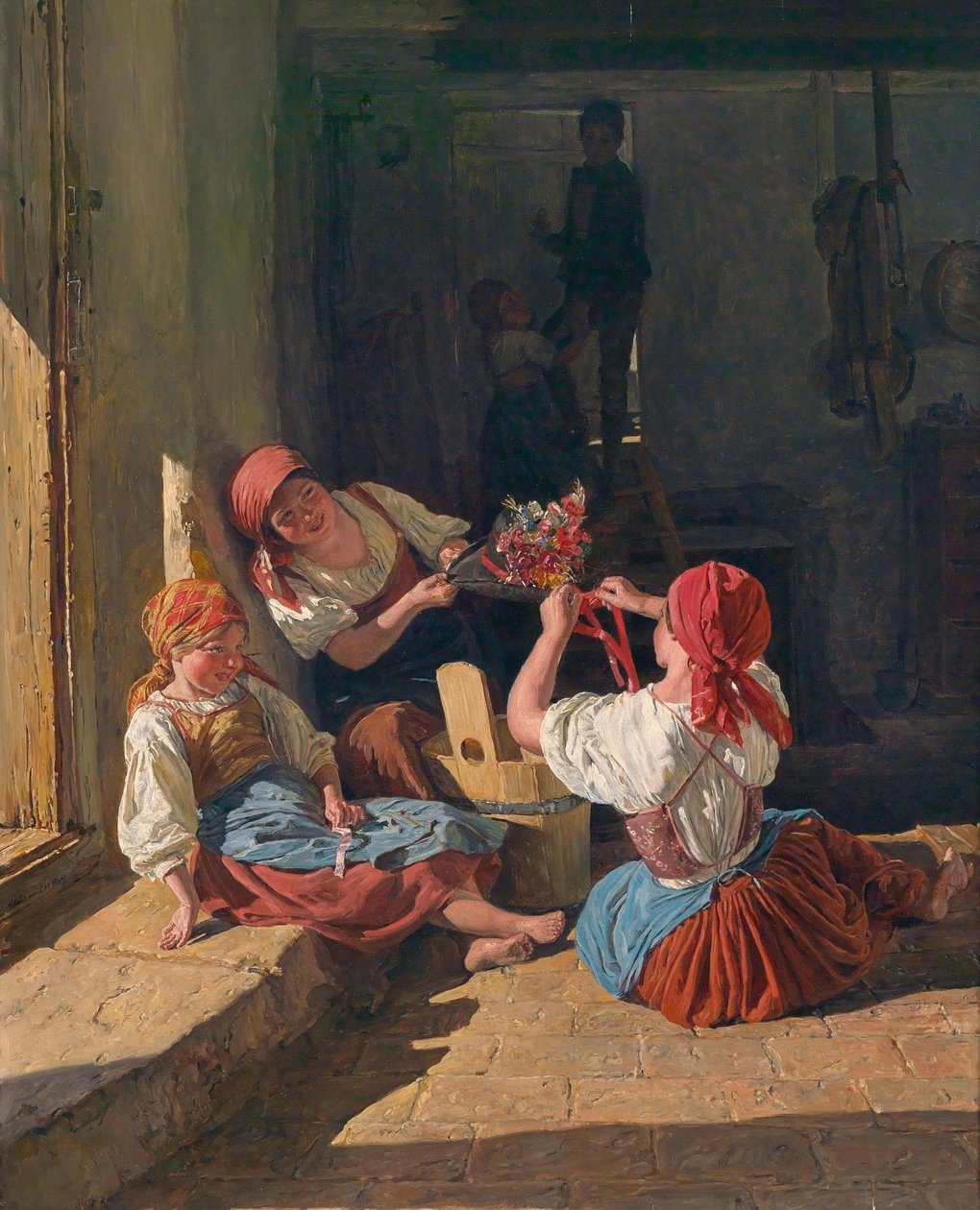 Barn som pynter en vernepliktig lue. Maleri av Ferdinand Georg Waldmuller (1793-1865), olje på tre av Ferdinand Georg Waldmuller