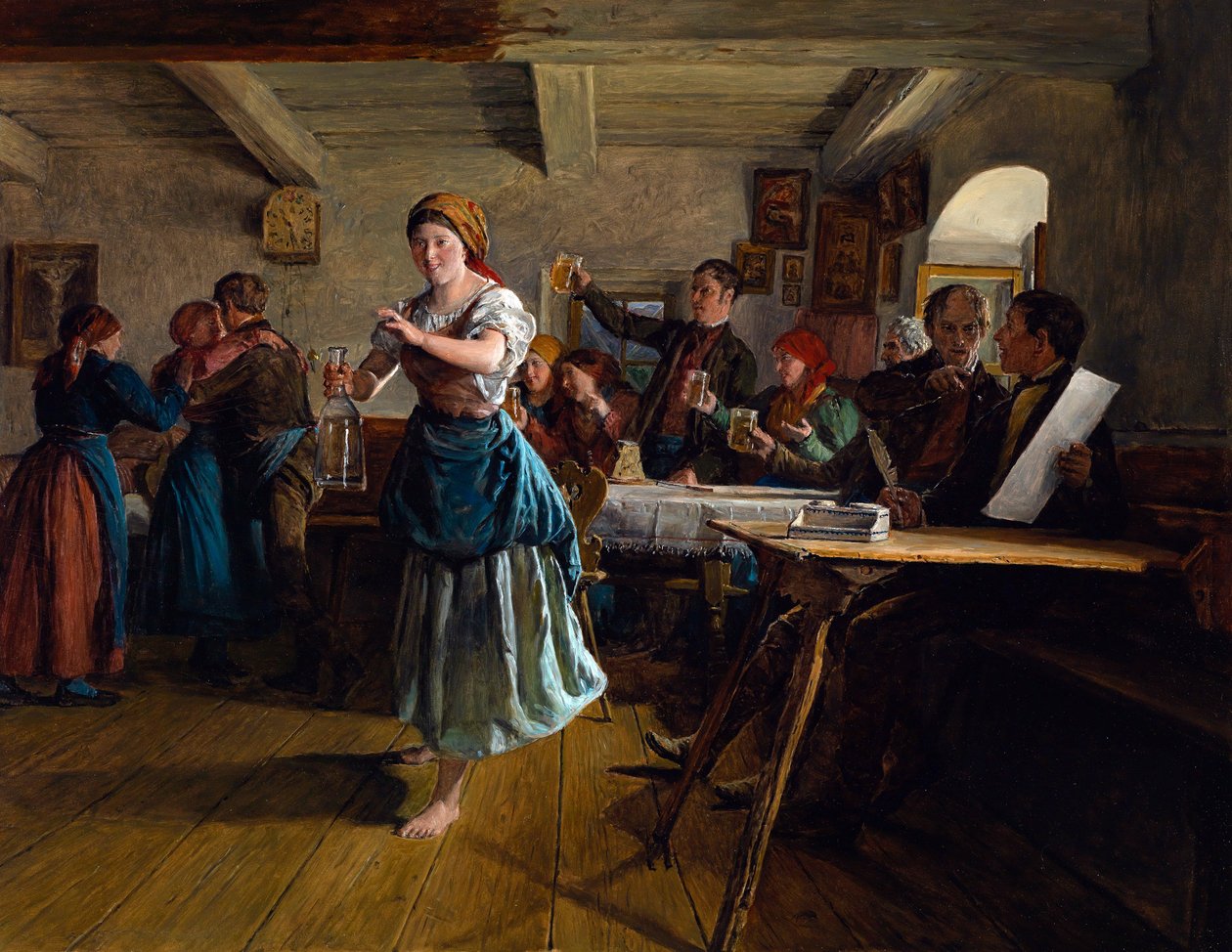 Åpningsdansen. Scene på en kafé, servitrisen, som ser glad og barbeint ut, skisserer et dansetrinn med en tom karaffel i hånden. Rundt henne klirrer kunder i glass som hever krusene med øl, til helsen til et par som av Ferdinand Georg Waldmuller