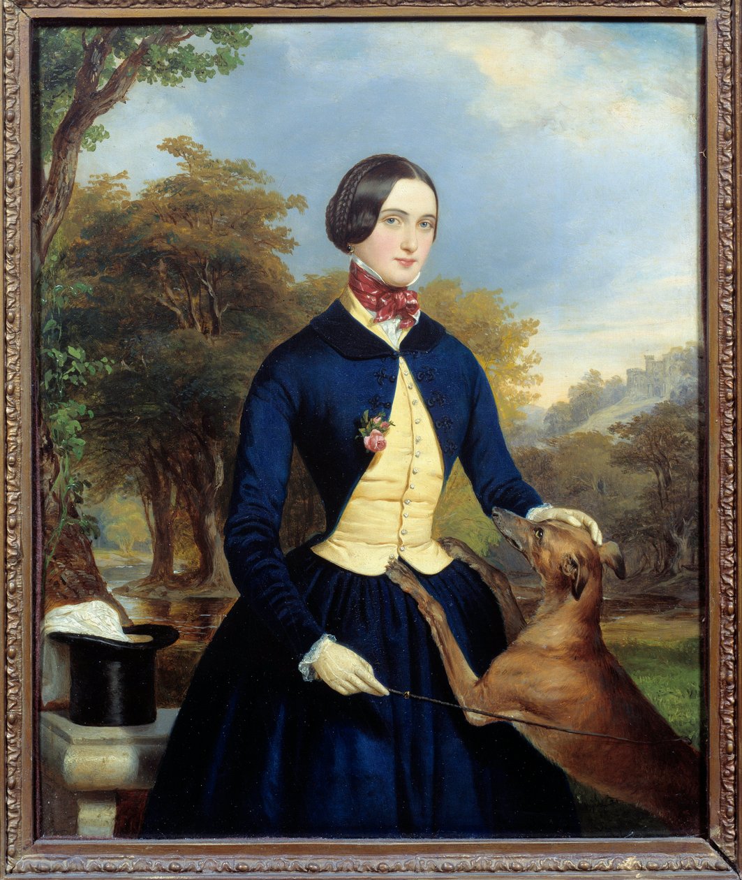 Portrett av en kvinne i Amazonas med hunden sin. Maleri av Ferdinand Waldmuller (1793-1865) Ec. Aut av Ferdinand Georg Waldmuller