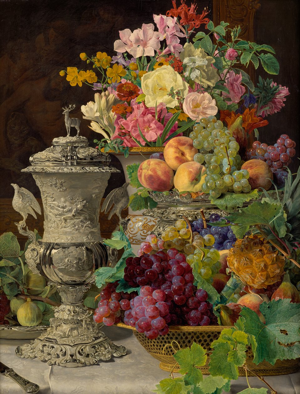 Stilleben med frukt, blomster og en sølvbeger av Ferdinand Georg Waldmuller