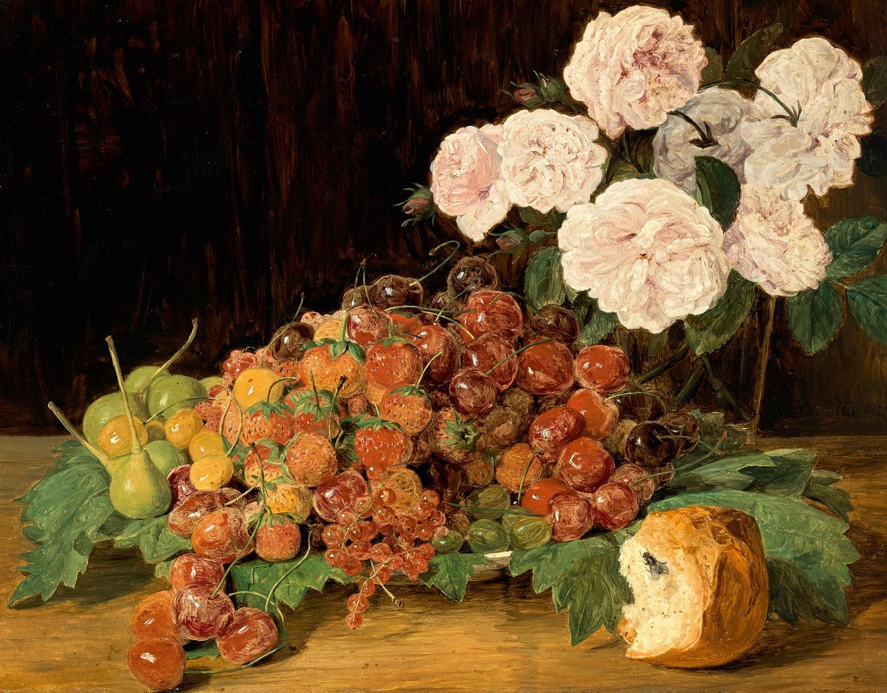 Stilleben med roser, jordbær og brød av Ferdinand Georg Waldmuller