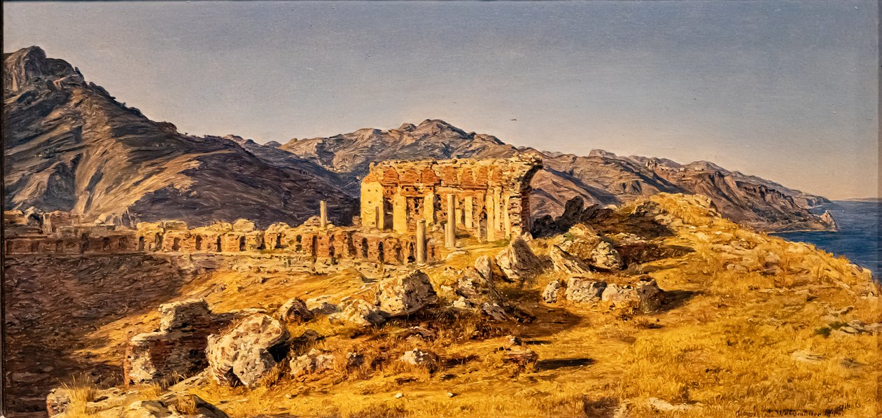 Ruinene av det greske teateret i Taormina, mot Messina-stredet av Ferdinand Georg Waldmuller