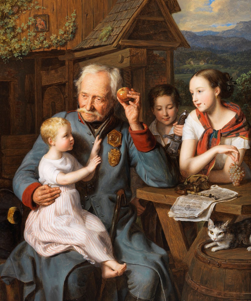 En gammel invalid med barn - En gammel invalid med barn, av Waldmueller, Ferdinand Georg (1793-1865). olje på tre av Ferdinand Georg Waldmuller