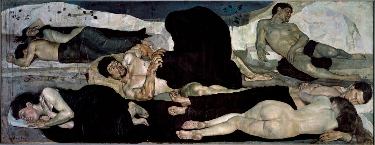 Om natten Gruppe av nakne sovende, en av dem midt i et mareritt av Ferdinand Hodler