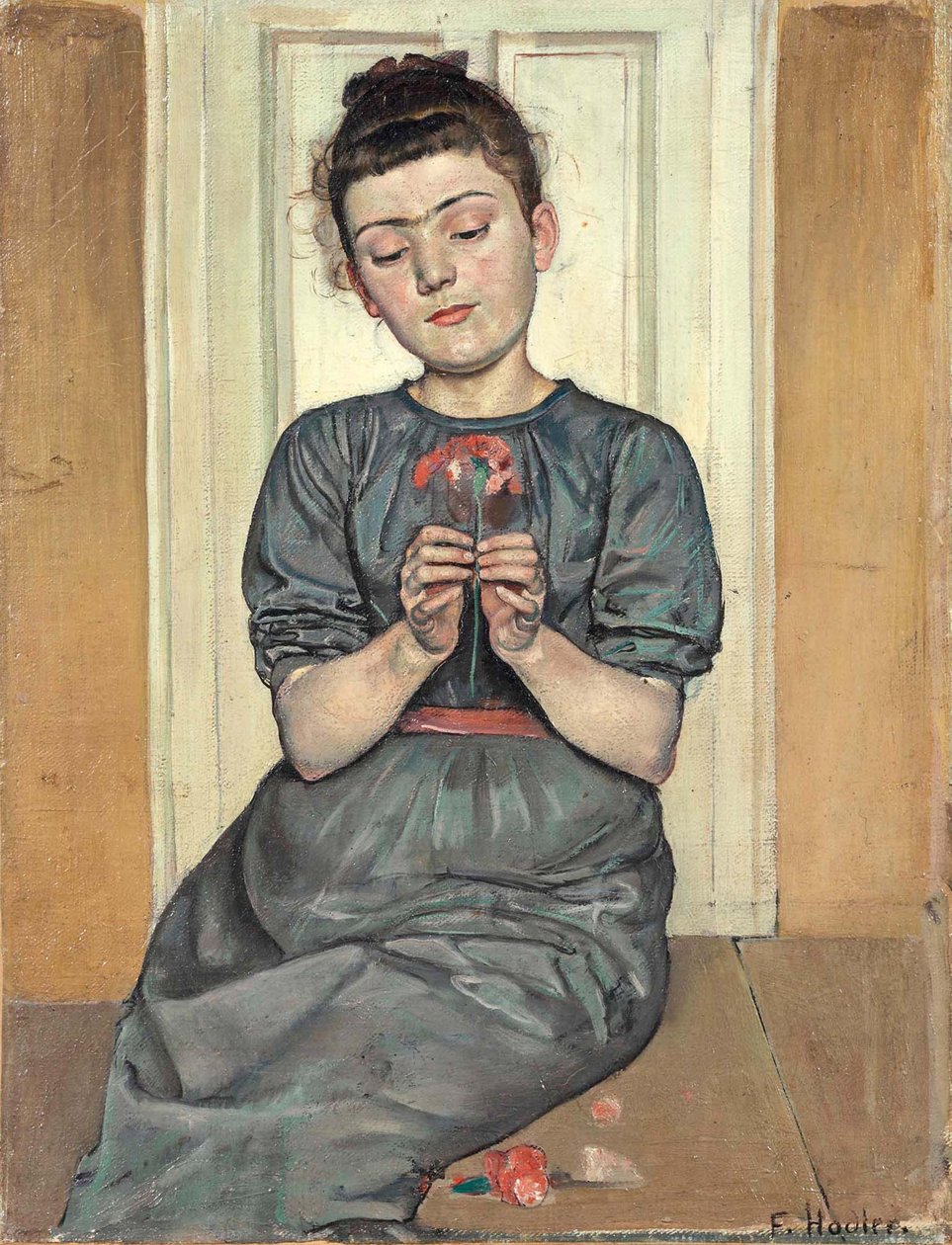 Jente som ordner blomster Jente med nellike, ca. 1886 av Ferdinand Hodler