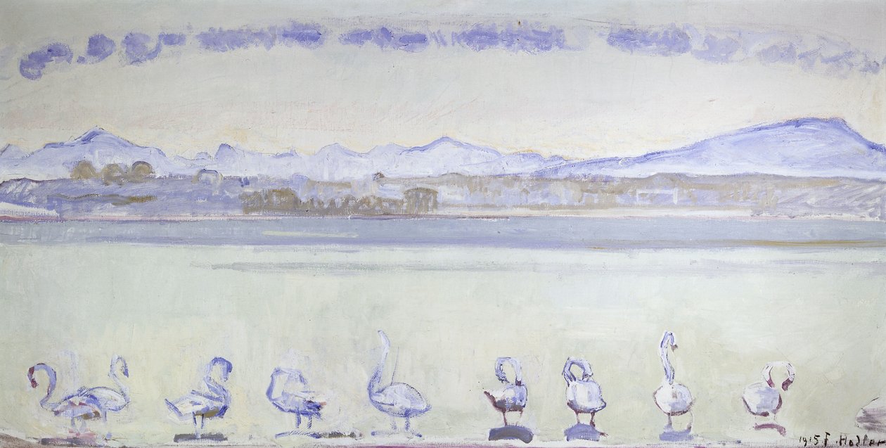 Ni svaner foran et fjellaktig landskap; Genève havn, med ni svaner, fra Quai du Mont Blanc, 1915 av Ferdinand Hodler