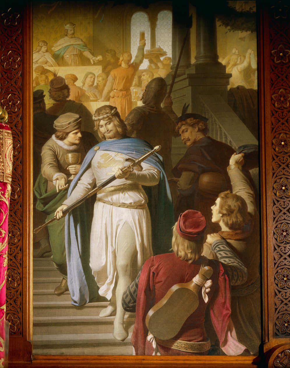 De beste poetene og minstrelene kommer sammen på Wartburg og belønnes av Landgrave Hermann for spesielt fine prestasjoner, fra Tannhauser Saga, Dining Room (olje på lerret) av Ferdinand II Piloty