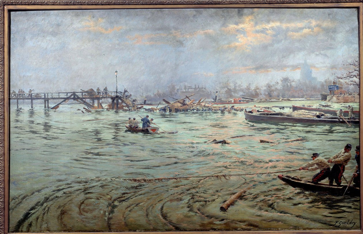 Utsikt over broen og vollen til Estacade i Paris under den store flommen i 1910 Maleri av Ferdinand Joseph Gueldry (1858-1945) 1910. Paris, Musee Carnavalet. Forsiktig! Bruk av dette verket kan være underlagt en tredjeparts autorisasjonsforespørsel eller av Ferdinand Joseph Gueldry