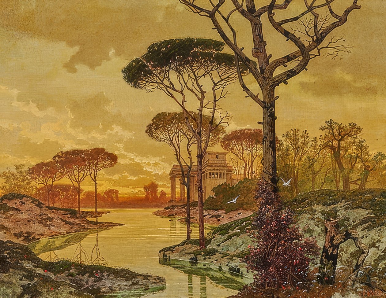 Kveldslandskap ved elvebredden med en antikk villa. 1901 av Ferdinand Knab