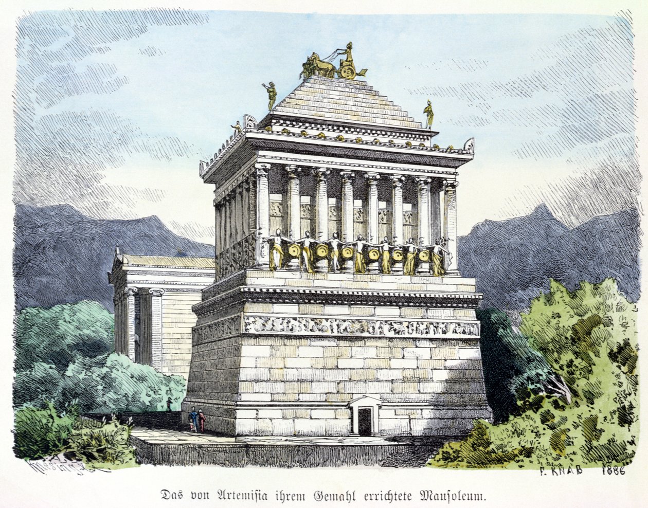 Mausoleumet til Halikarnassus, fra en serie av "Seven Wonders of the Ancient World" publisert i "Munchener Bilderbogen". 1886 (fargegravering) av Ferdinand Knab