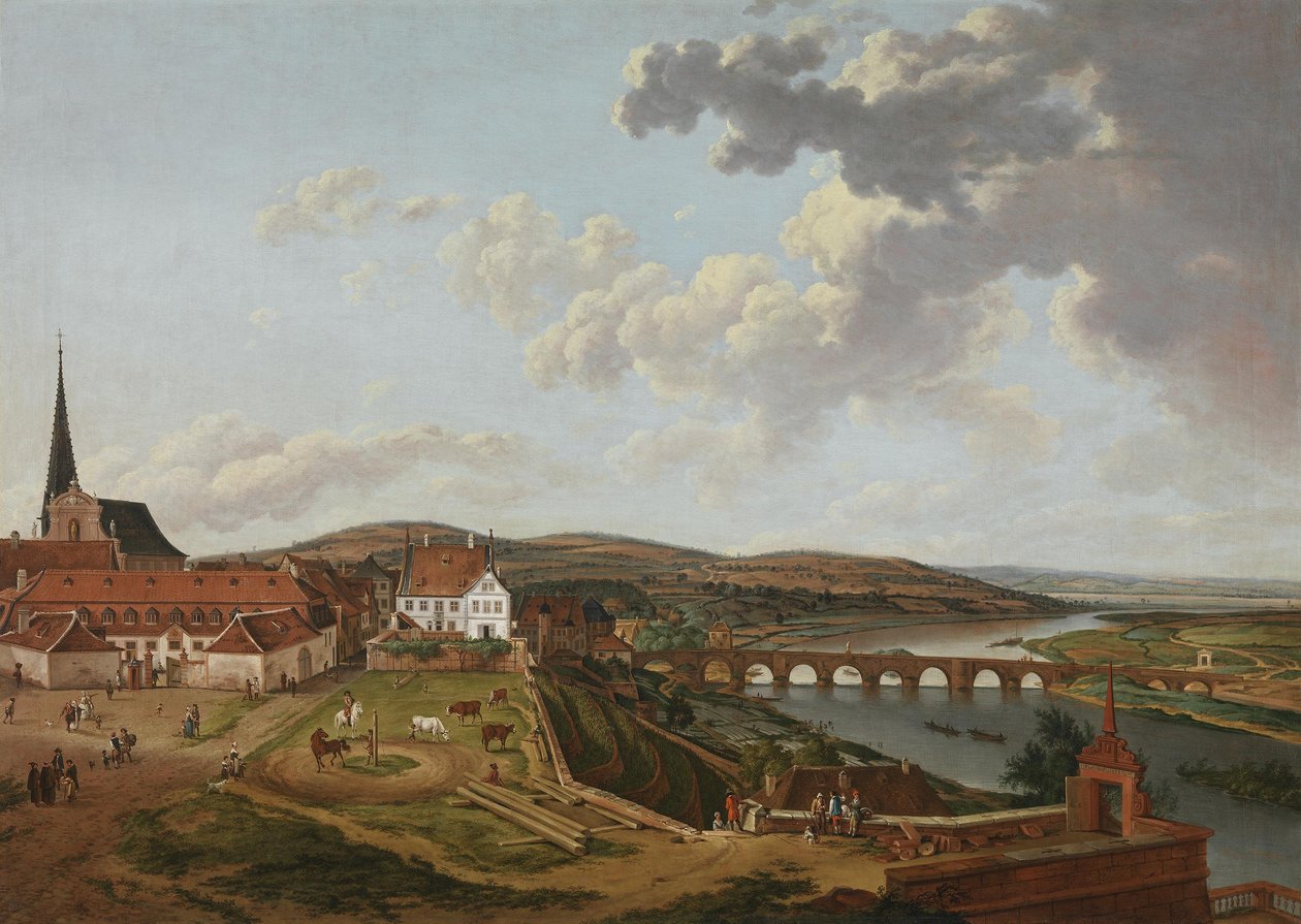 Utsikt fra Aschaffenburg slott mot Marstall og Main-broen (Aschaffenburg-syklusen) av Ferdinand Kobell