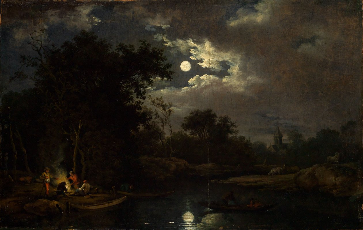 Månebelyst landskap med fiskere ved et leirbål av Ferdinand Kobell