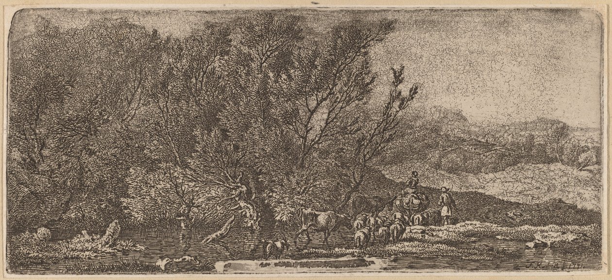 Hyrder med flokken deres som svir en bekk av Ferdinand Kobell