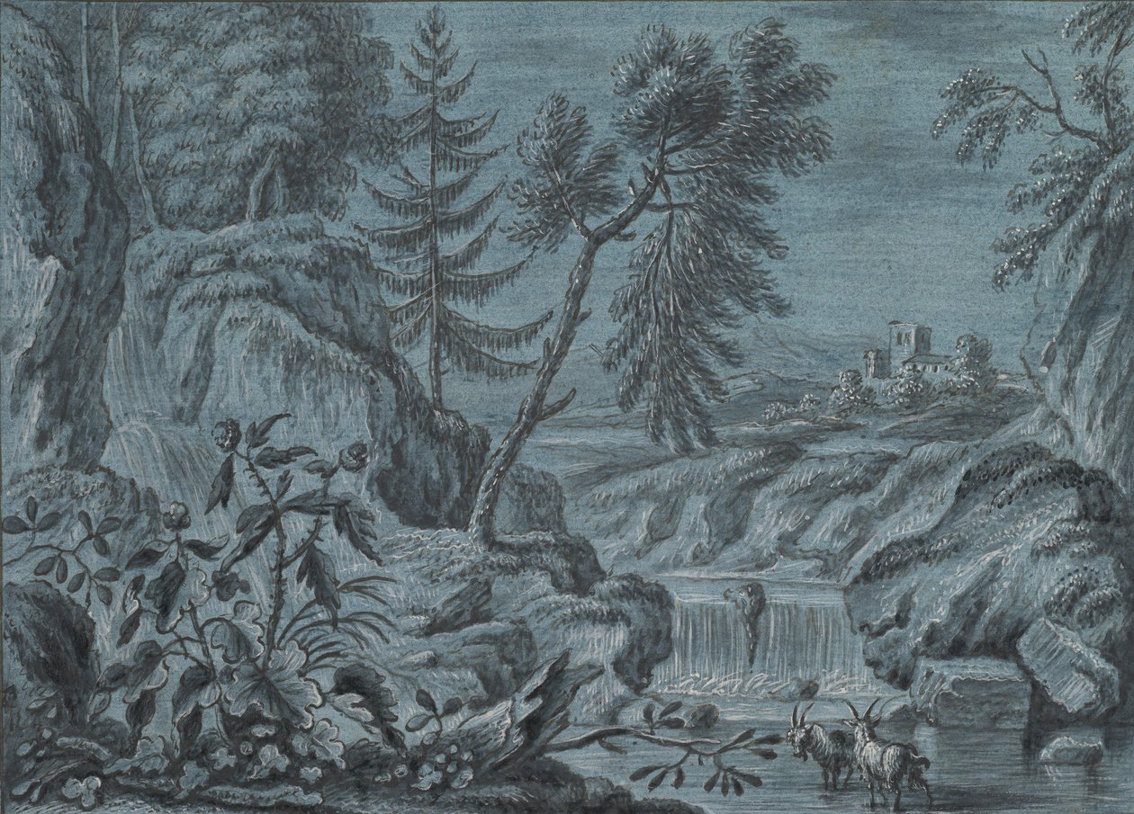 Sørlig landskap med en foss og geiter, sent på 1700-tallet. av Ferdinand Kobell.