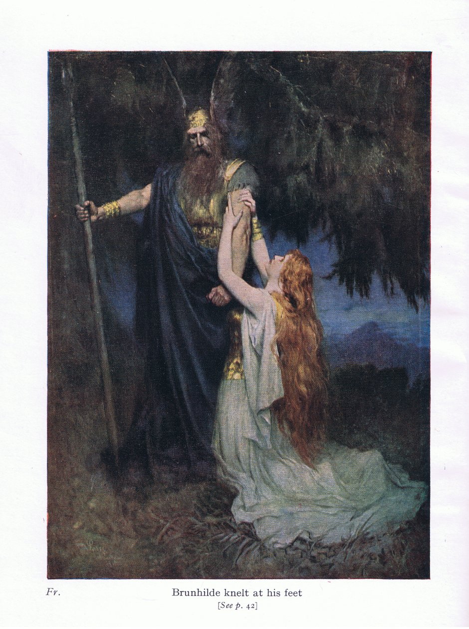 Brunhilde knelte ved føttene hans, illustrasjon fra puben The Stories of Wagners Operas. av George Harrap & Co Ltd 1932 av Ferdinand Lecke