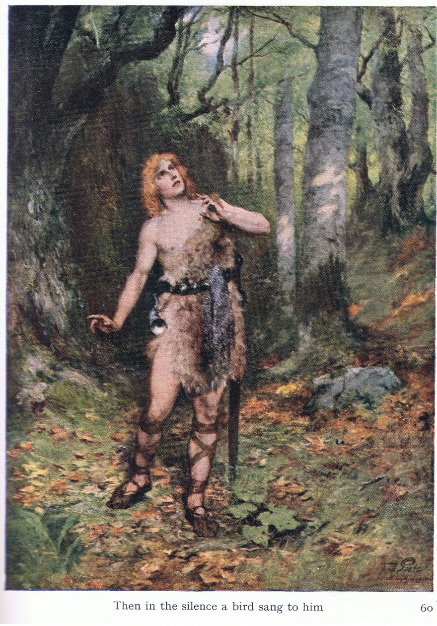 Så i stillheten sang en fugl for ham, illustrasjon fra The Stories of Wagners Operas pub. av George Harrap & Co Ltd 1932 av Ferdinand Lecke