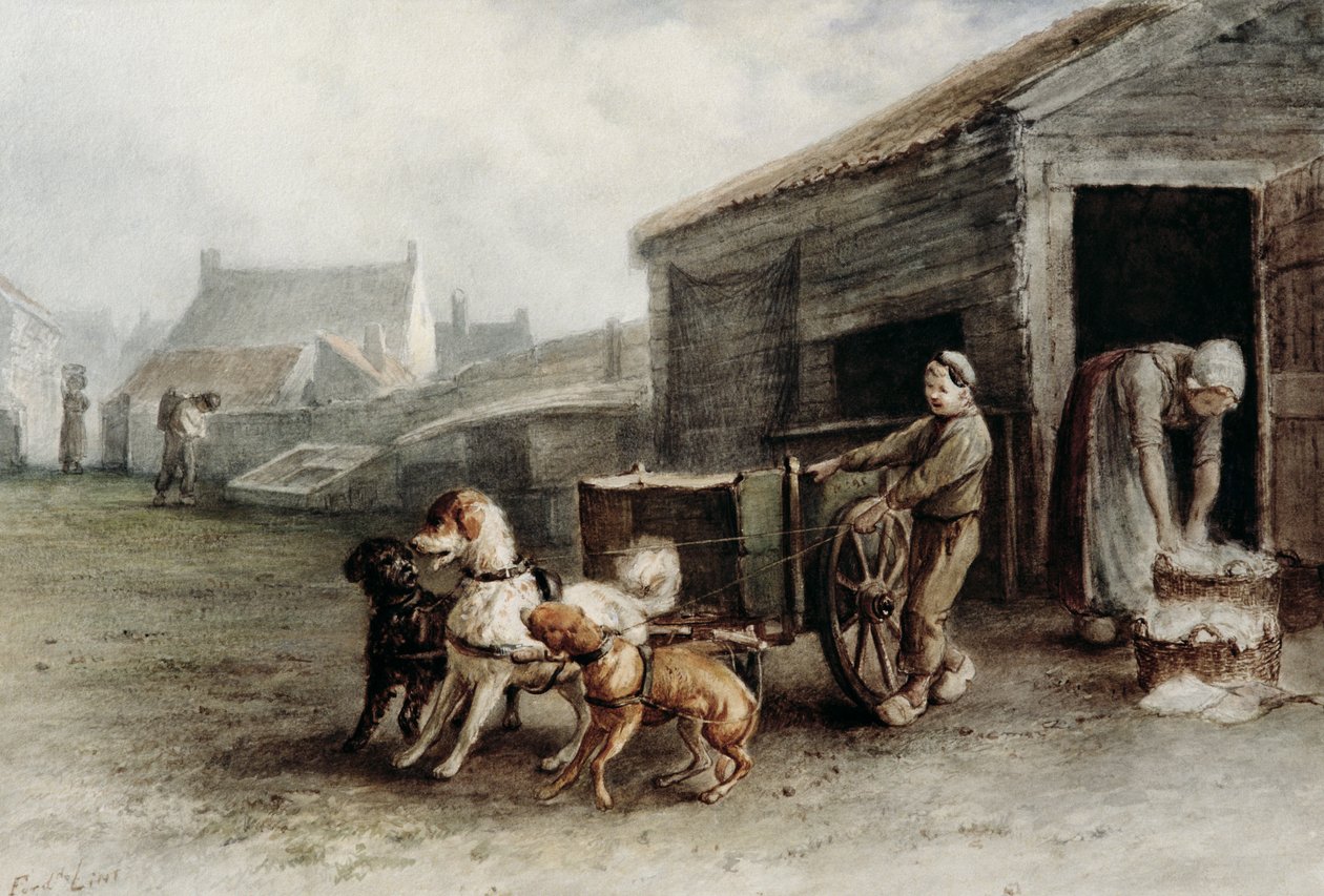 En hundevogn, Holland, ca. 1890 (wc på papir) av Ferdinand Lintz