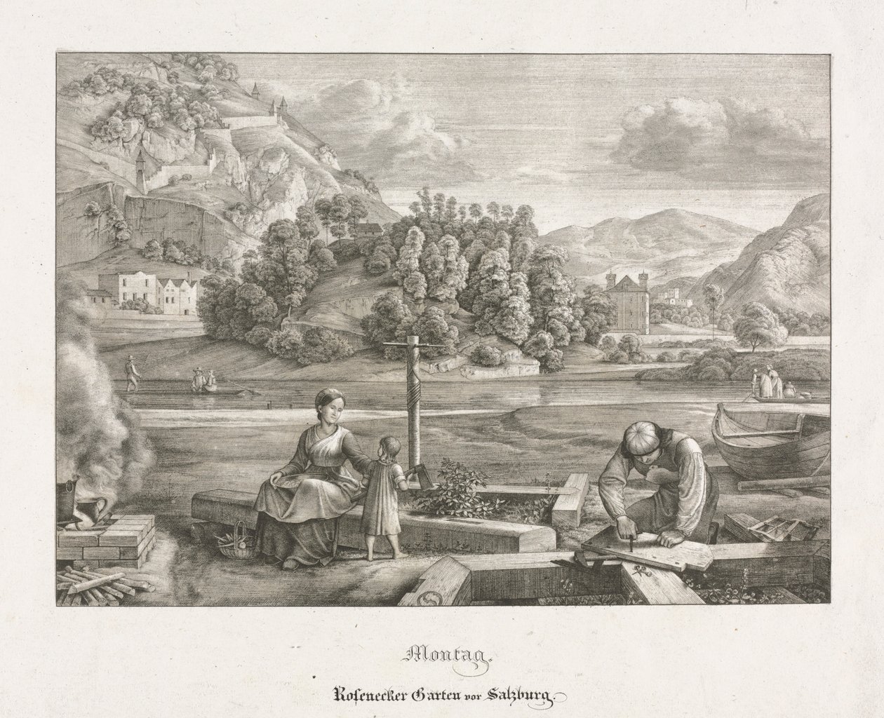 Syv utsikter i Salzburg og Berchtesgaden: Mandag: Rosenecker Garden Salzburg, 1823. av Ferdinand Olivier