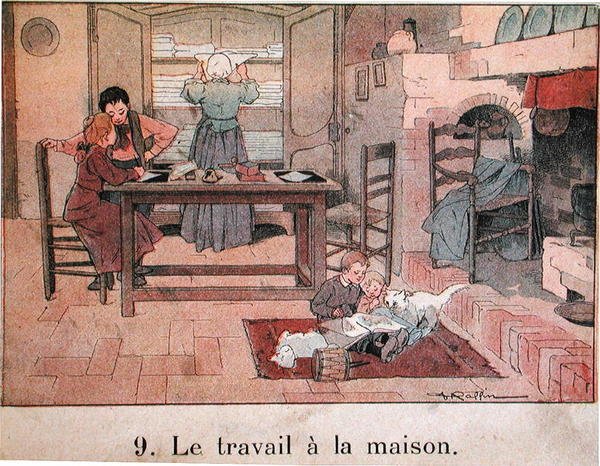 En kveldsarbeid på landet, illustrasjon til en skolebok, ca. 1900 (farge litho) av Ferdinand Raffin