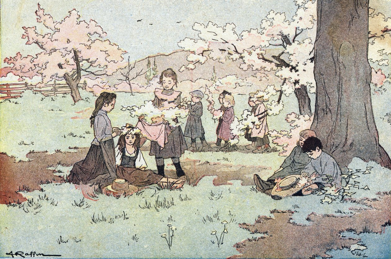 Barn plukker blomster fra åkrene, i Imagier de l'enfance, ca. 1900 (gravering) av Ferdinand Raffin