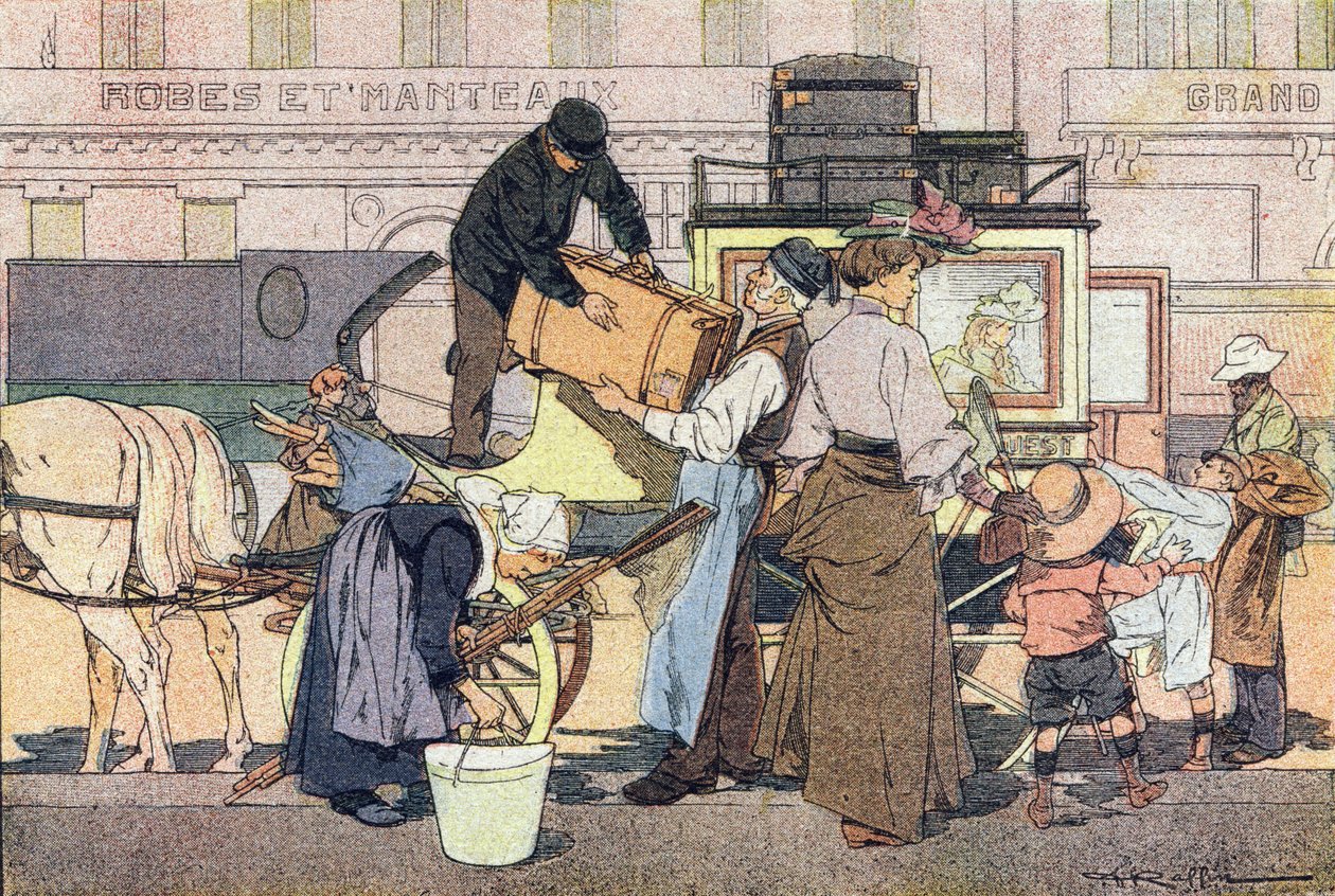 Avreise til landet, i Imagier de l'enfance, ca. 1900 (gravering) av Ferdinand Raffin