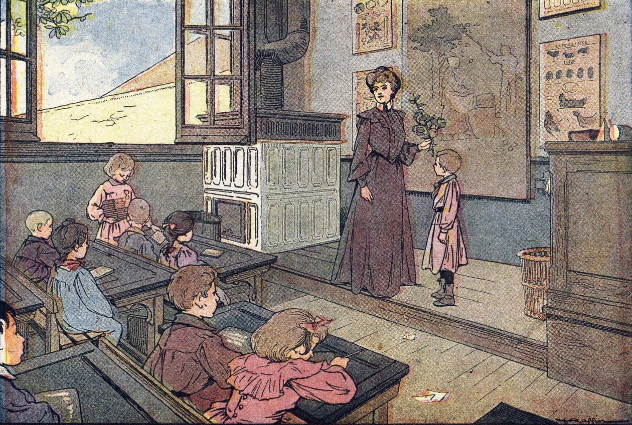 I klassen, i barndommens bildebok, ca. 1900 (gravering) av Ferdinand Raffin