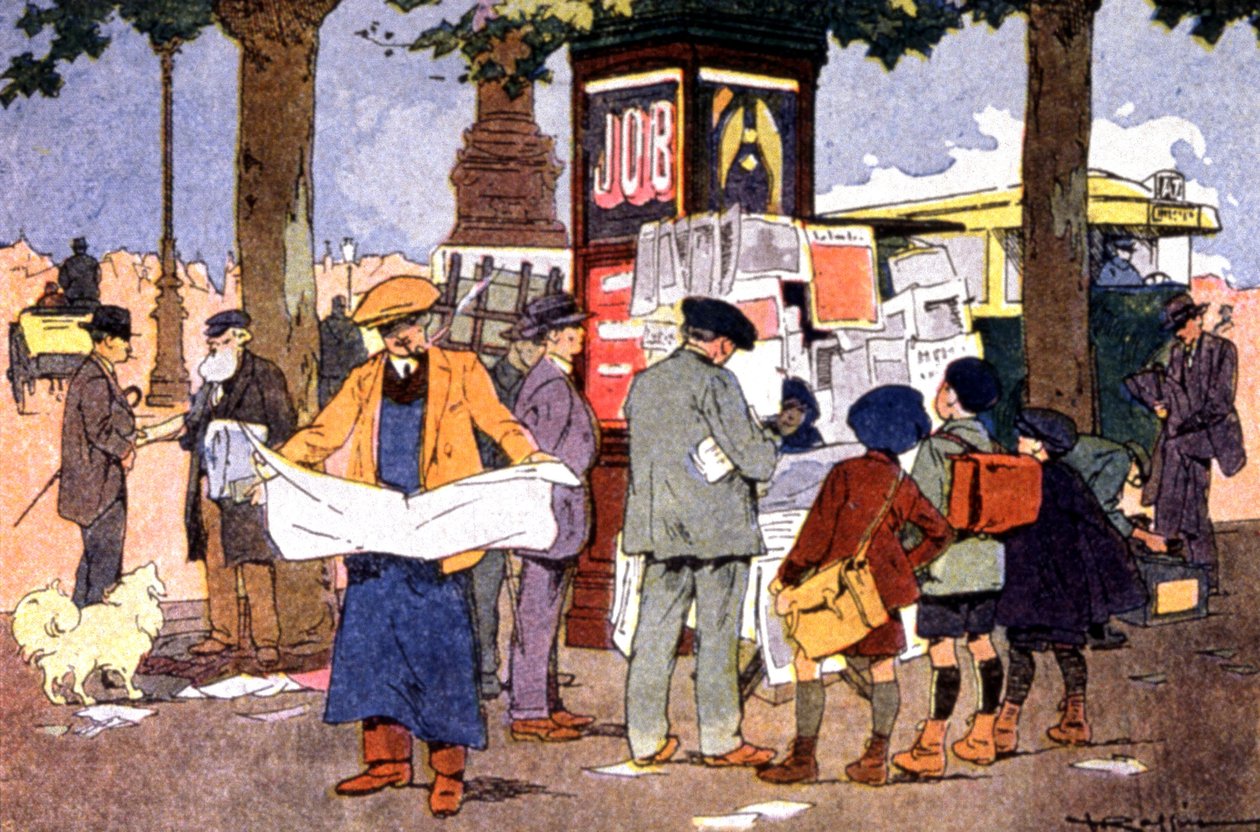 Aviskiosk på Bastille-plassen, ca. 1910 (illustrasjon) av Ferdinand Raffin