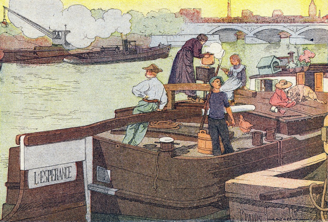 På bredden av Seinen, i Imagier de l'enfance, ca. 1900 (gravering) av Ferdinand Raffin
