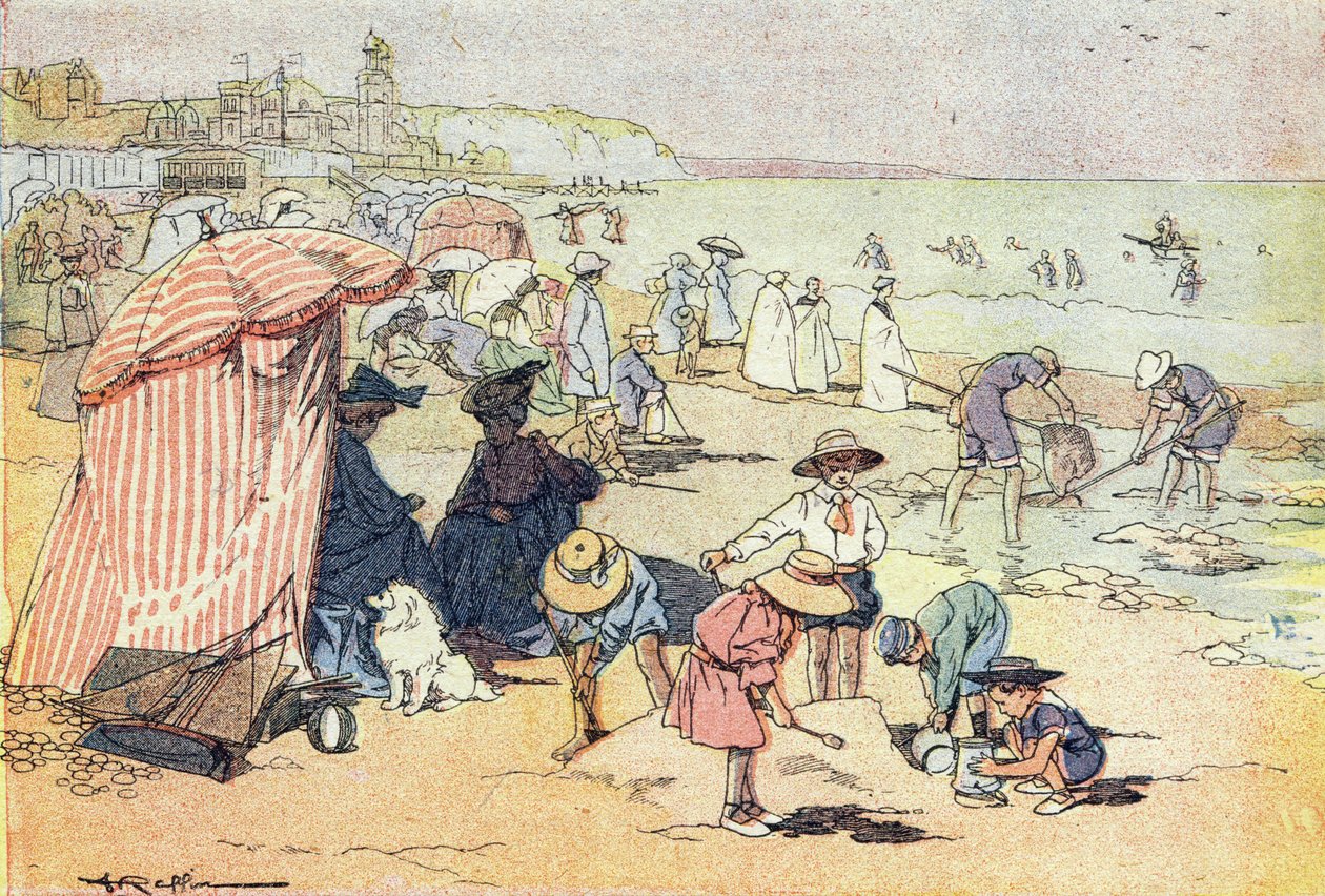 På stranden, i Imagier de l'enfance, ca. 1900 (gravering) av Ferdinand Raffin