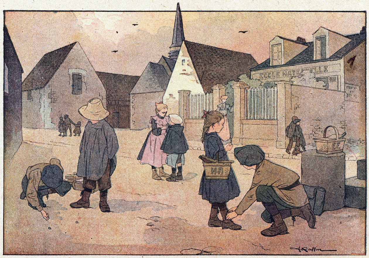 Ute av skolen, i barndommens bildebok, ca. 1900 (gravering) av Ferdinand Raffin