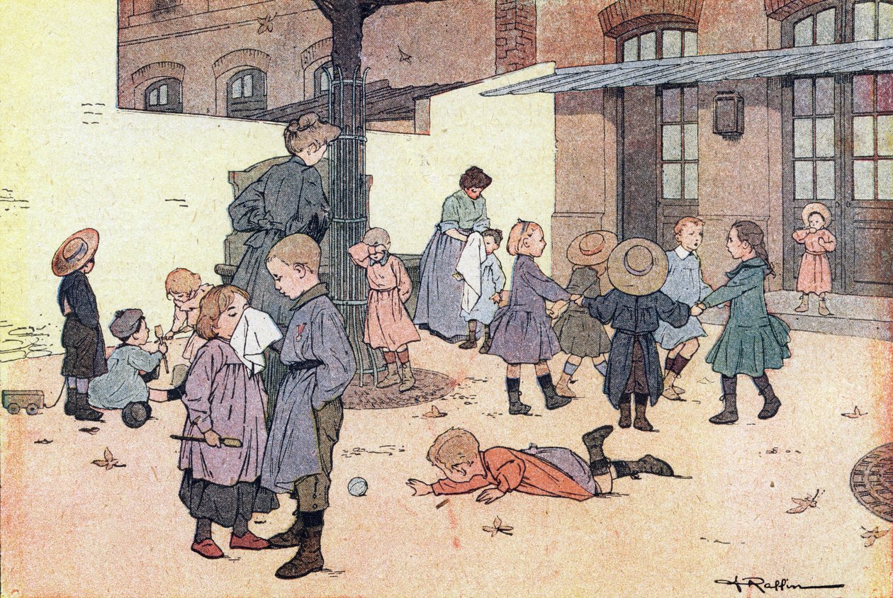 Runde og spill i rekreasjonsgården, i Imagier de l'enfance, ca. 1900 (gravering) av Ferdinand Raffin
