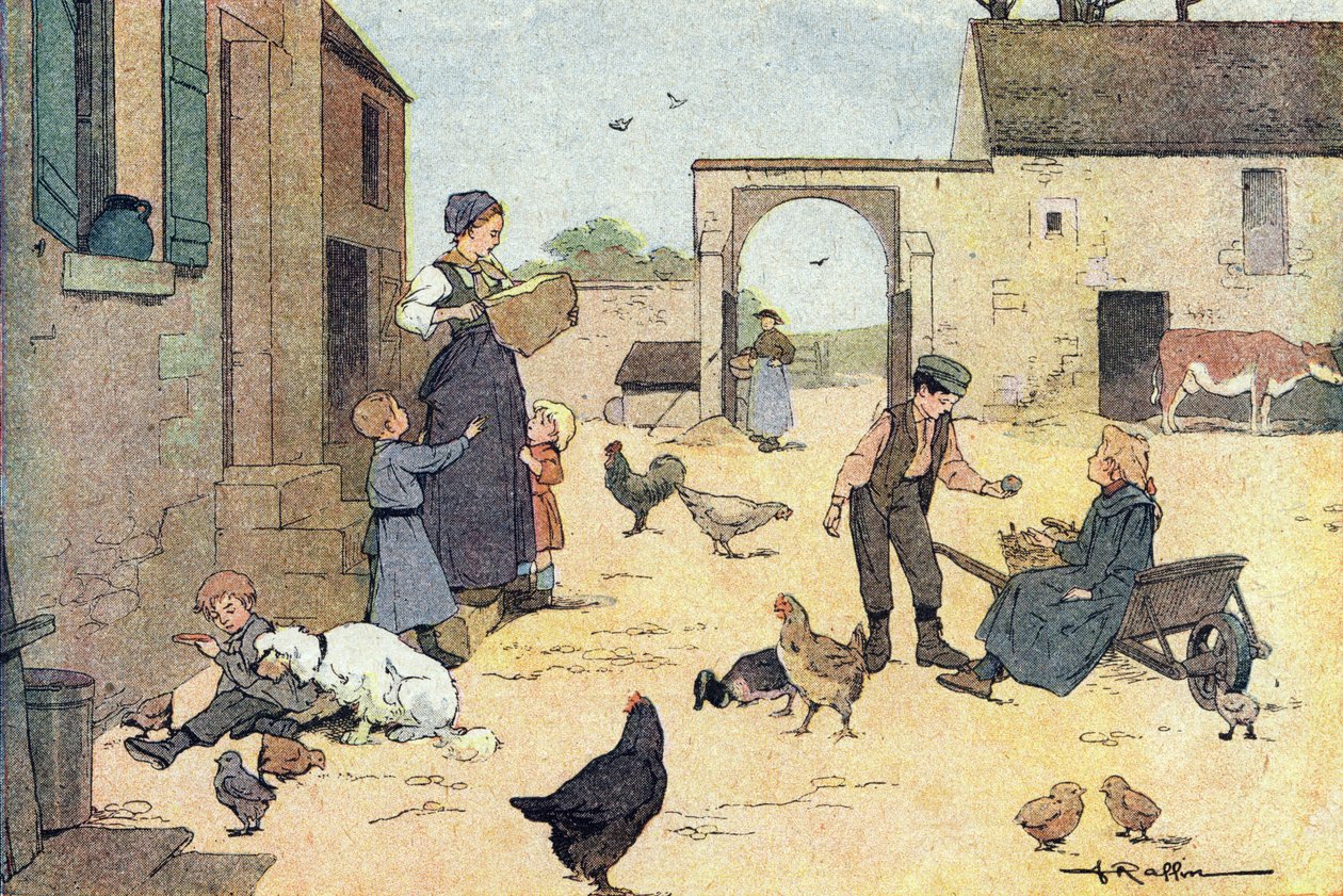 Smaker på gården til gården, i Imagier de l'enfance, ca. 1900 (gravering) av Ferdinand Raffin