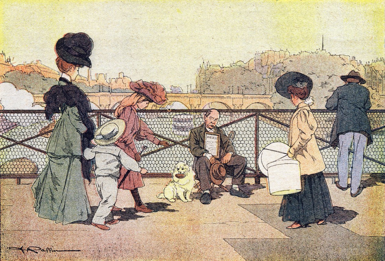 Den blinde tiggeren på kunstens bro i Paris, i Imagier de l'enfance, ca. 1900 (gravering) av Ferdinand Raffin