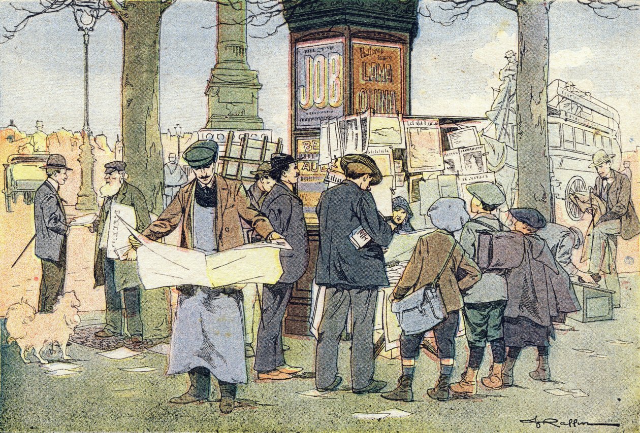 Kiosken har aviser, i Imagier de l'enfance, ca. 1900 (gravering) av Ferdinand Raffin