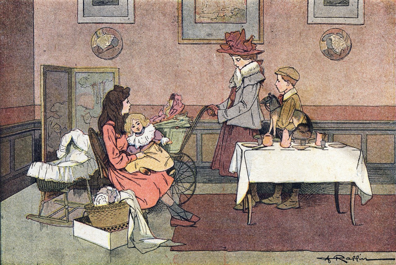 Dukkens besøk, i Imagier de l'enfance, ca. 1900 (gravering) av Ferdinand Raffin