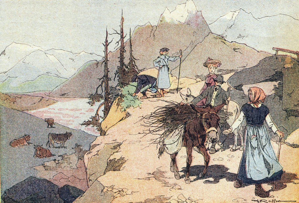 Til fjellet, i Imagier de l'enfance, ca. 1900 (gravering) av Ferdinand Raffin