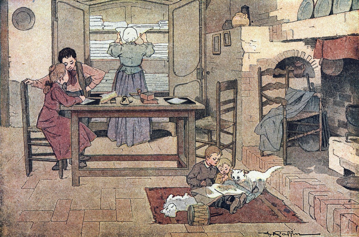 Arbeid hjemme (lekser, lesing og husarbeid), i Imagier de l'enfance, ca. 1900 (gravering) av Ferdinand Raffin